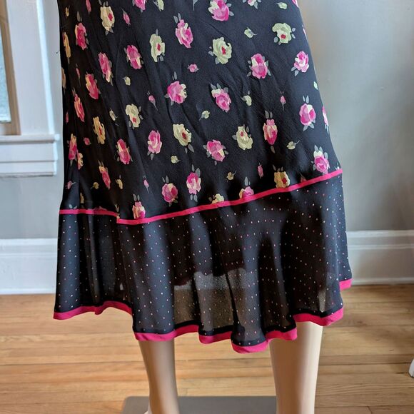 Vintage 90s Y2K Express Midi Skirt Dark Floral Silk Ruffle Polka Dot Whimsygoth - Picture 7 of 12